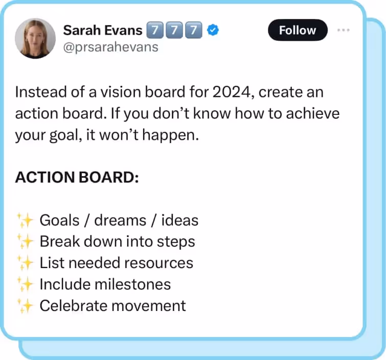 sarah evans tweet about creating an action board instead of a mood board