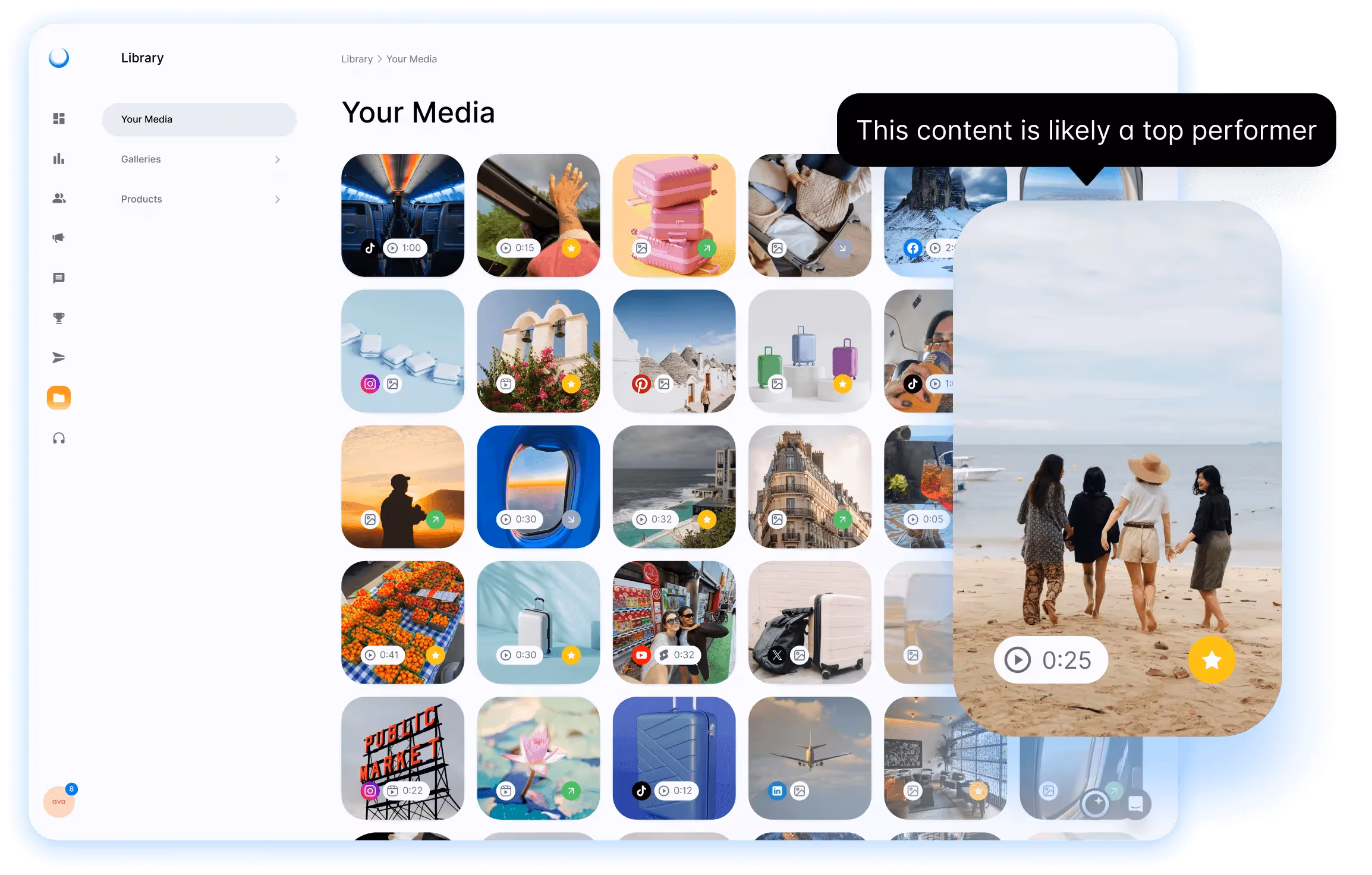 Dash Social media library showcasing predictive AI identifying top-performing content.
