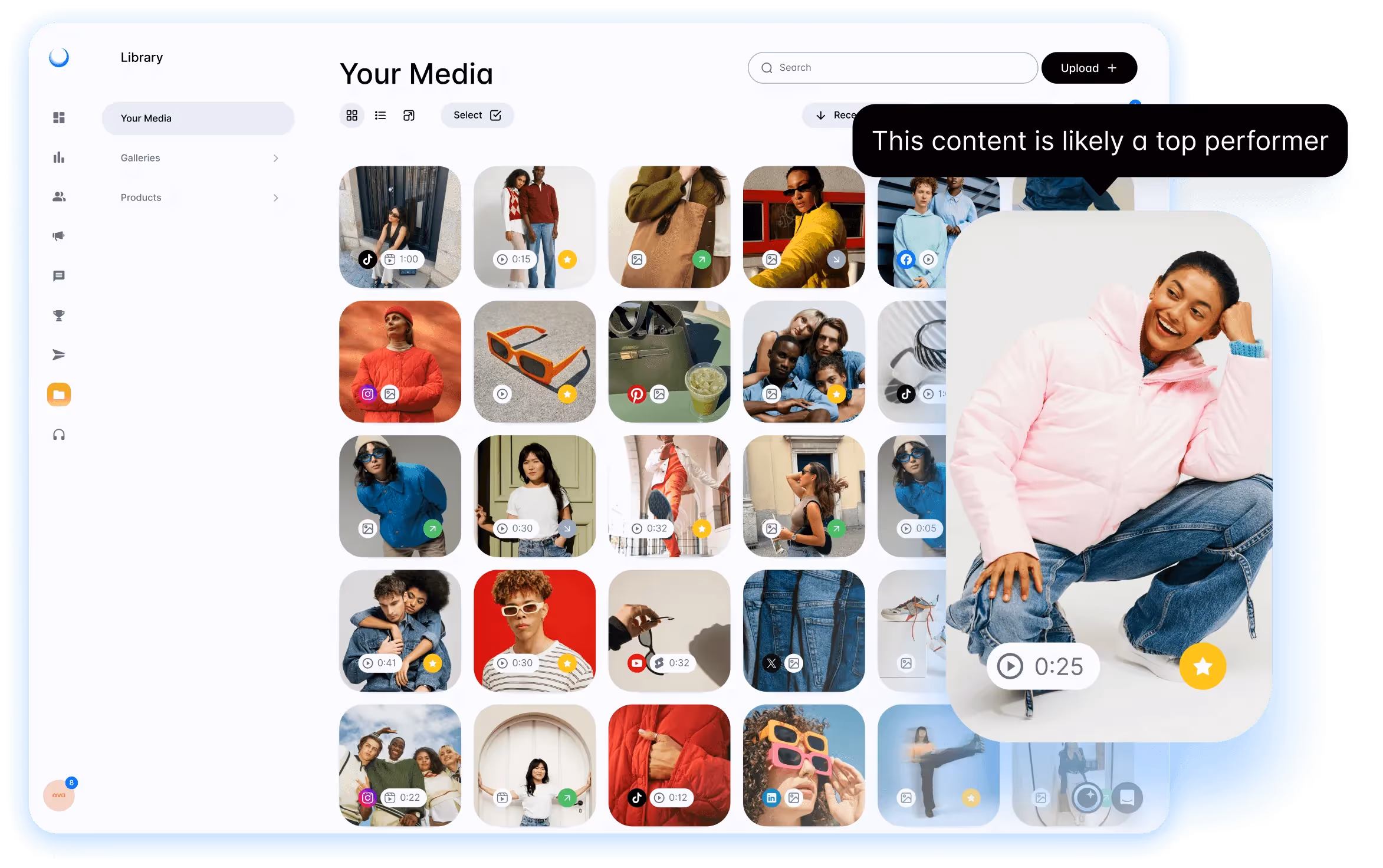 Dash Social content library showcasing media files with performance insights.