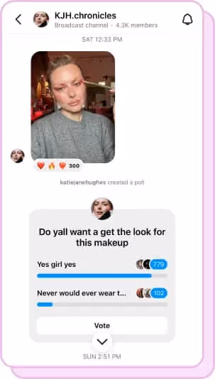 screenshot of ig broadcast channel from katie jane hughes sharing poll