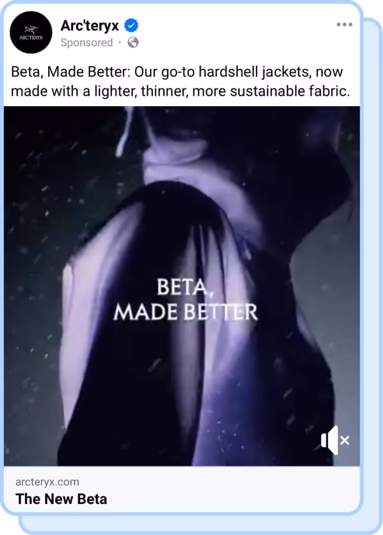 arc'teryx jacket ad, jacket being worn in dark snowy conditions