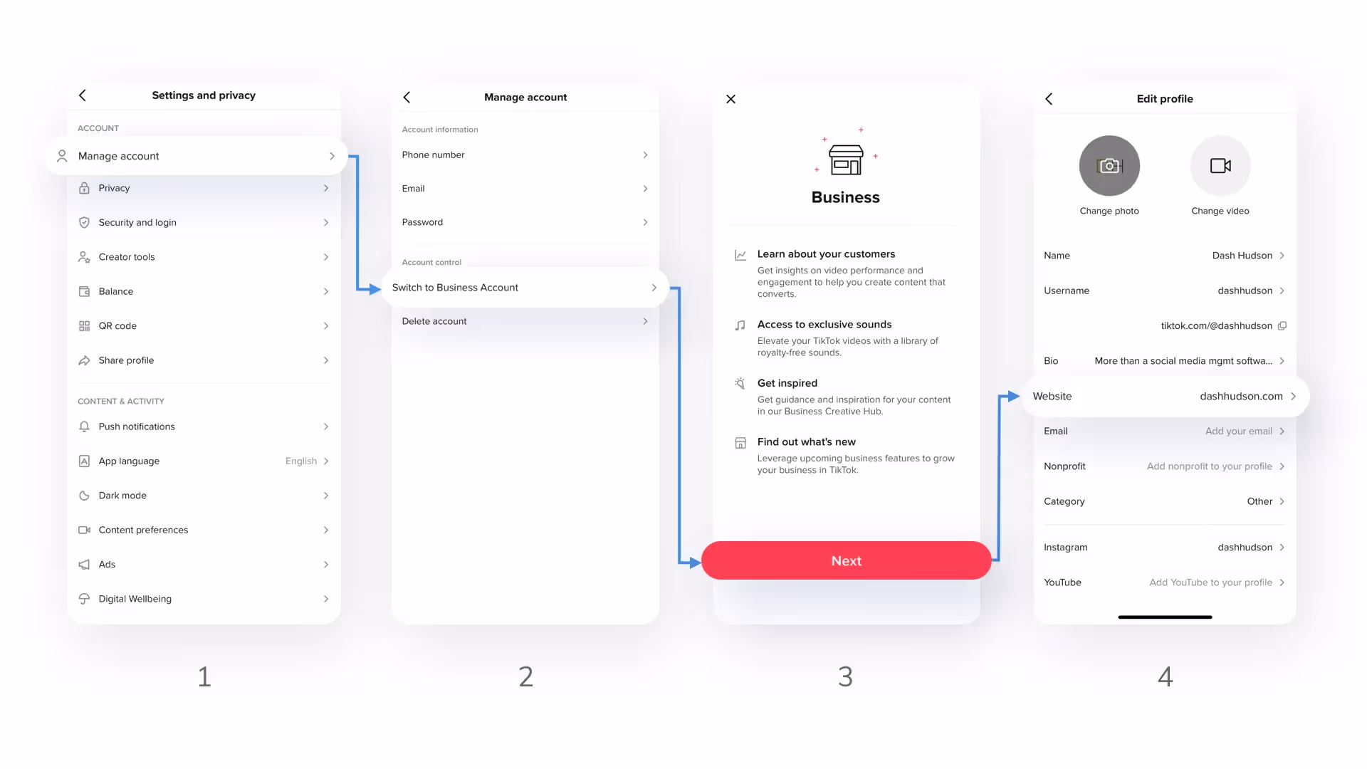Four-step process showing how to switch to a TikTok Business account and add a website link in the bio