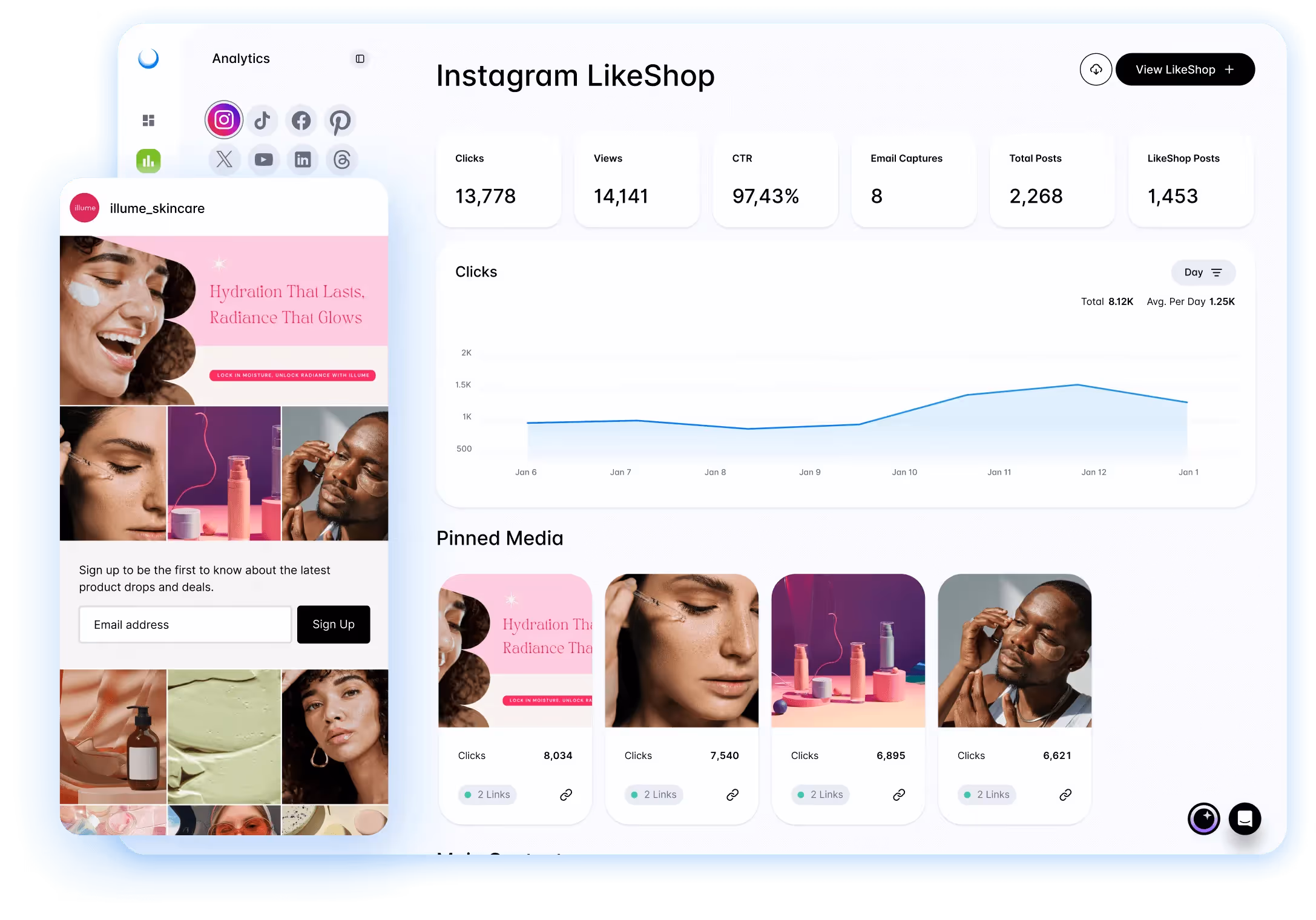 Dash Social Instagram LikeShop analytics dashboard highlighting clicks and engagement for link in bio.