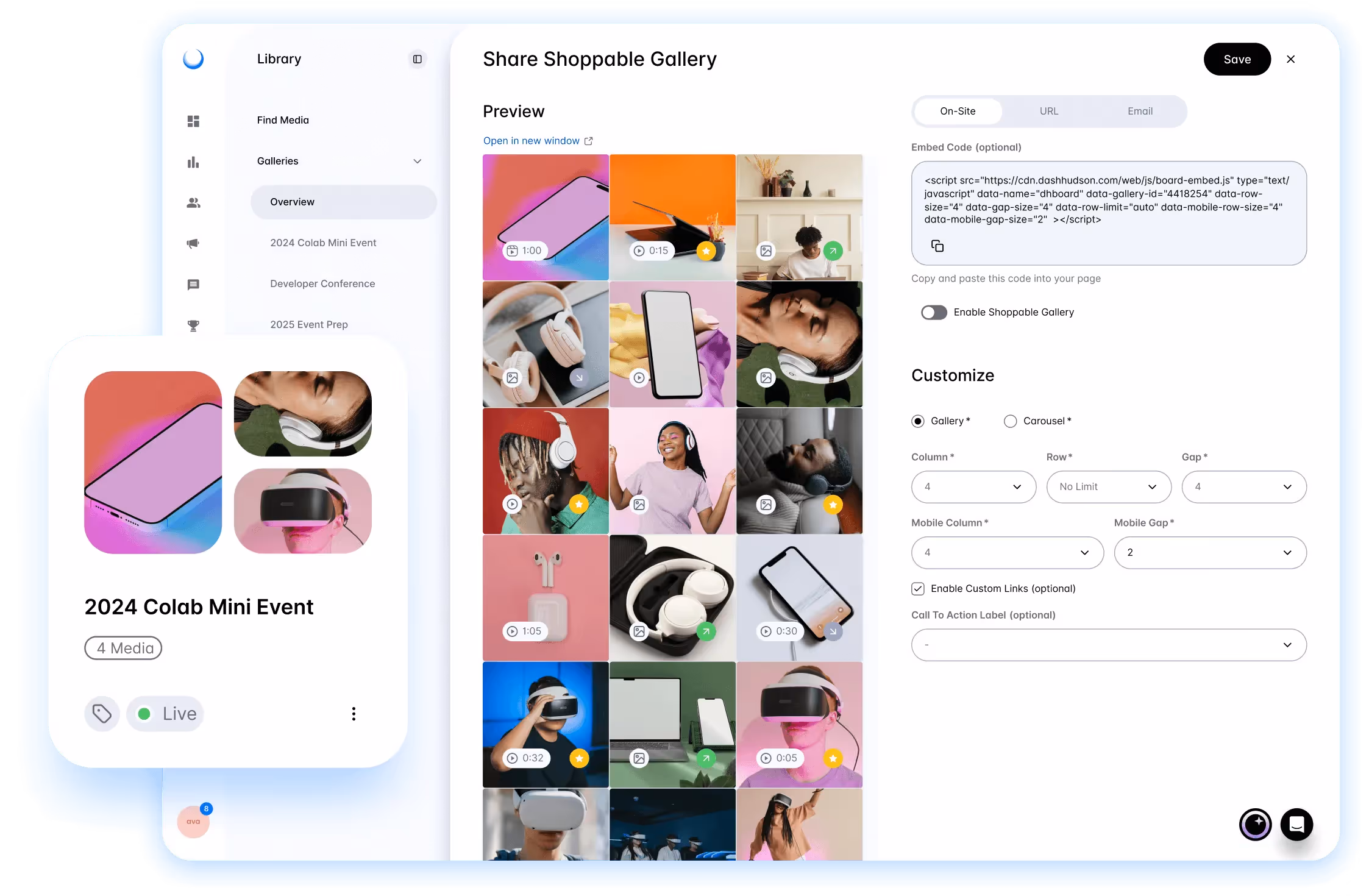 Dash Social interface showing customization options for shoppable galleries with preview images.