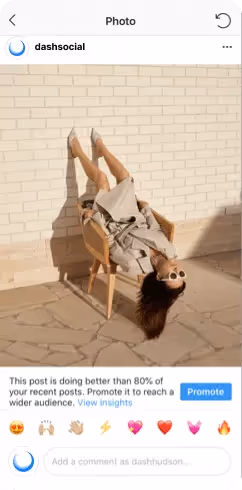 Instagram post of a woman reclining upside down on a chair, with a promotion suggestion displayed