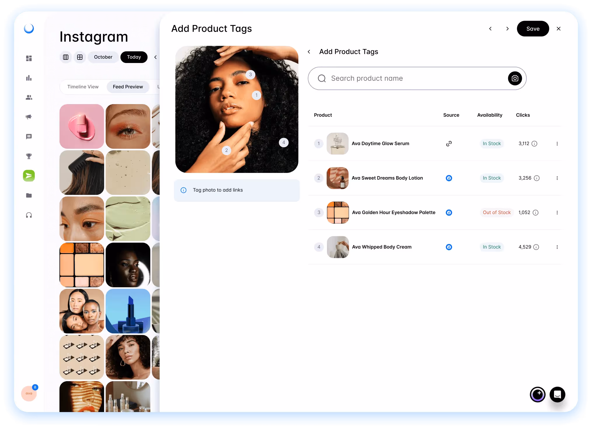 Dash Social interface displaying Facebook Product Catalog with product tagging and availability.