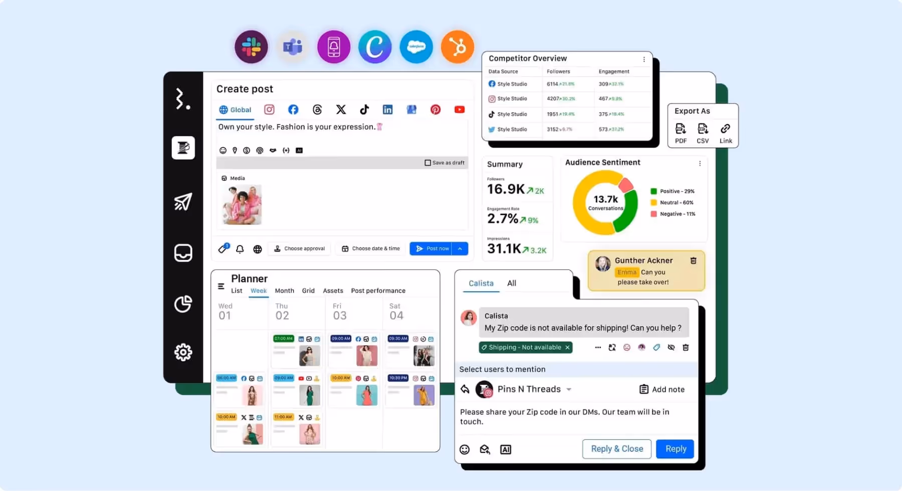 Analytics dashboard showing social media metrics, geographic data, and engagement trends