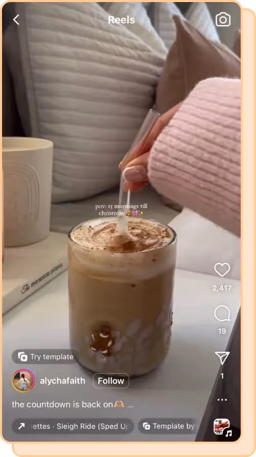 pink sleeved hand stirs hot festive coffee ig reels screenshot