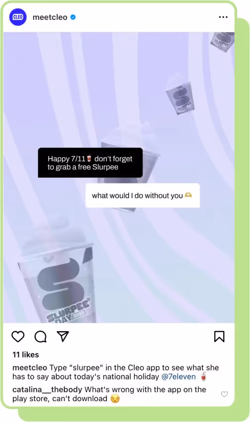 meetcleo ig screenshot announce free 7/11 slurpee