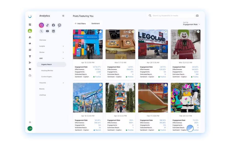 Dash Social analytics dashboard with posts featuring engagement rates and sentiment analysis.