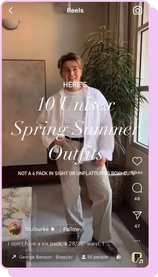 man displaying summer and spring clothes on ig reels 