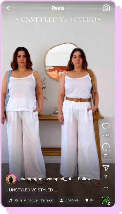 mirror image of woman styling white linen shirt and pants ig reels screenshot 