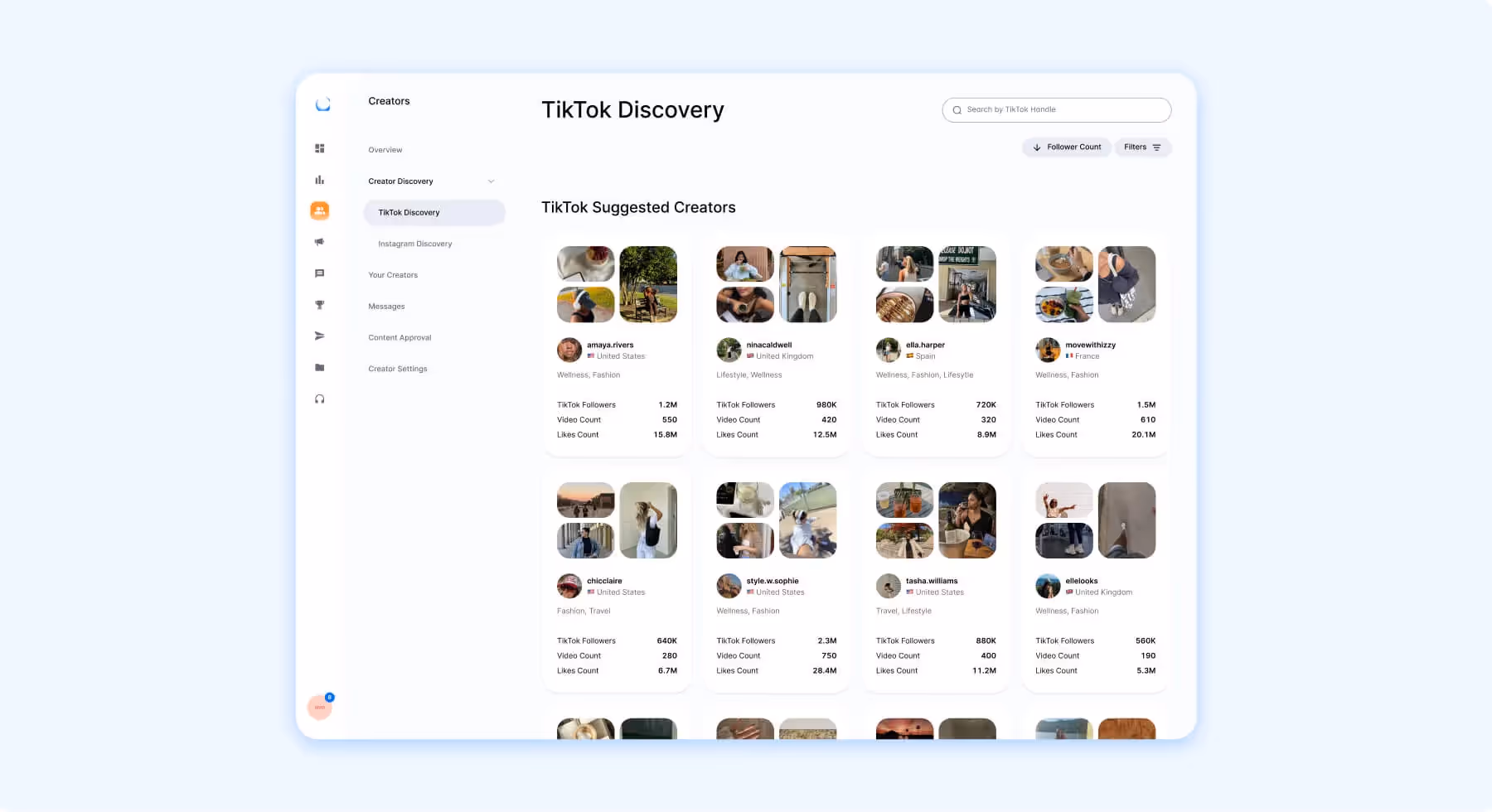 tiktok creator discovery dashboard showing suggested creators with follower, video, and like counts