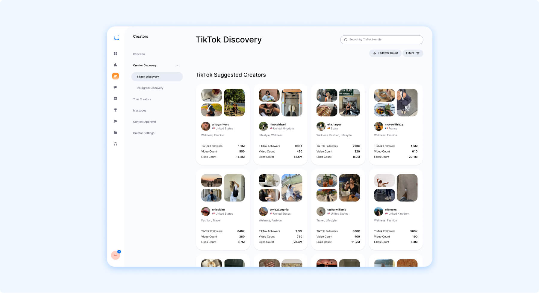 tiktok creator discovery dashboard showing suggested creators with follower, video, and like counts