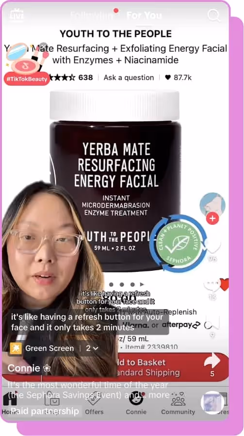 tiktok screenshot girl talking about ytp yerba mate resurfacing facial