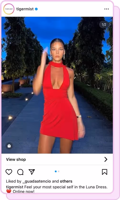 ig post screenshot tiger mist woman in red dress