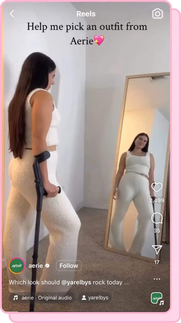 girl with crutch tries on fuzzy white aerie set 