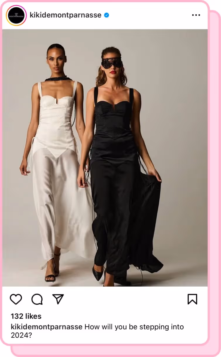 model wearing white gown second model wearing black gown and eyepatch for kiki de montparnasse