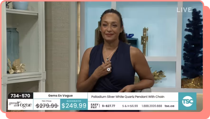 woman displays necklace and ring in live shopping channel youtube videov