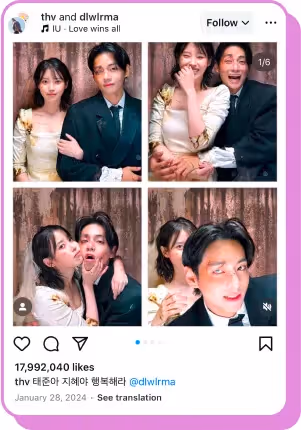 V and THV dressed elegantly posing in a playful wedding-themed photo booth session