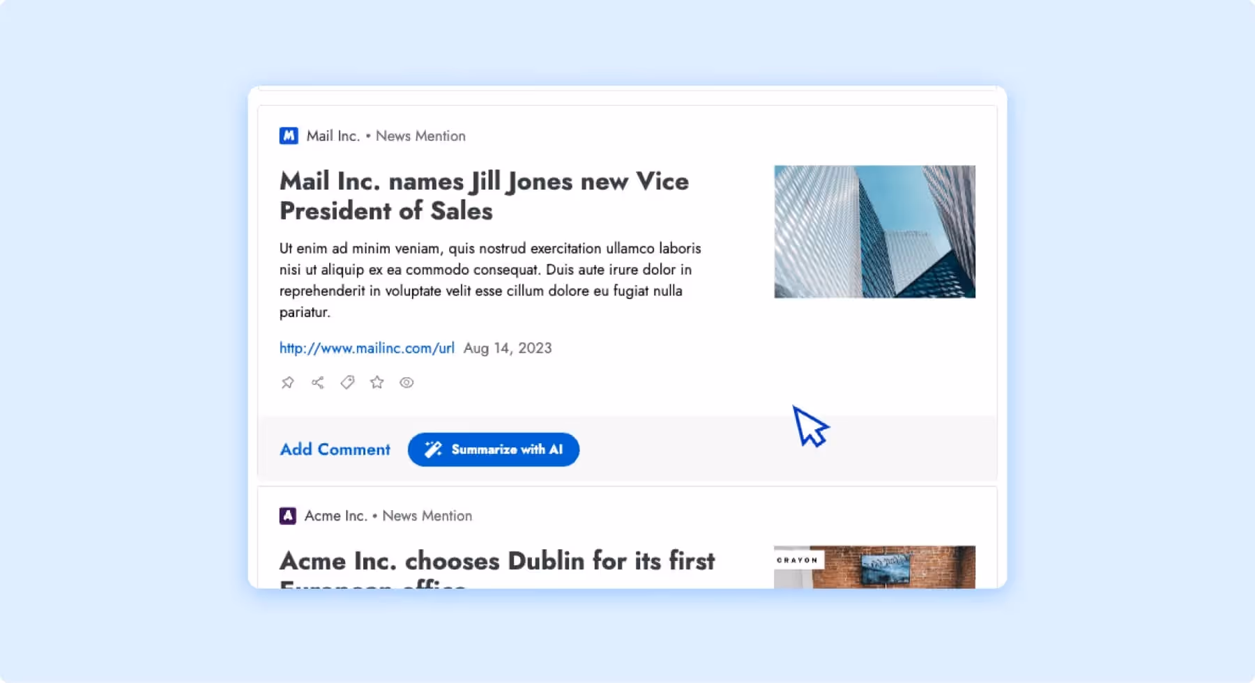 News mention card with AI summarization option for competitive monitoring and analysis