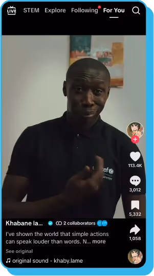 TikTok video of a creator in a black polo shirt, gesturing with his hand in a collaboration post