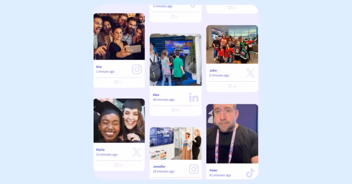 Grid of social media posts with names, timestamps, and platform icons.