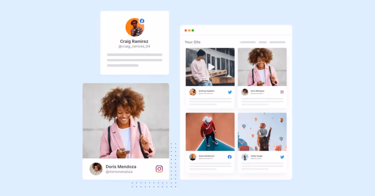 Social media posts from users displayed on a website, featuring tagged creators and content