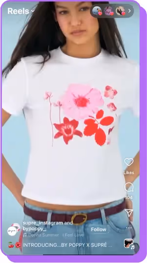 Young woman wearing a white T-shirt with red and pink floral print design