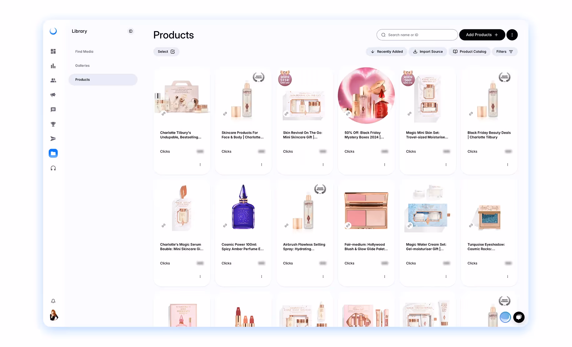 Dash Social product library showing skincare and makeup items with click metrics