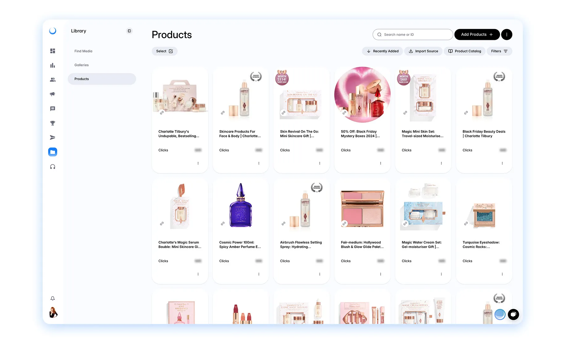Dash Social product library showing skincare and makeup items with click metrics