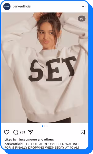 Woman wearing SET sweatshirt in a Parke collaboration Instagram post