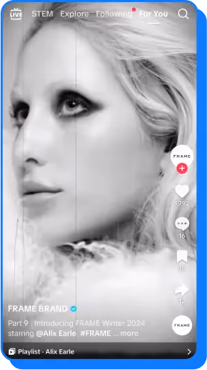 Close-up of Alix Earle in black and white for FRAME Winter 2024 campaign