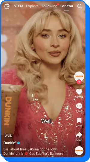 Sabrina Carpenter holding iced Dunkin’ drink in a branded TikTok partnership