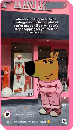 Cartoon dog in pink sweats stands outside PINK store with holiday window display