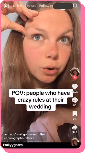 Woman making jokes about unusual wedding rules in a TikTok POV video
