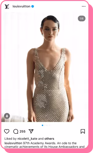 Woman in sequin dress posing in Louis Vuitton Instagram post for the Oscars