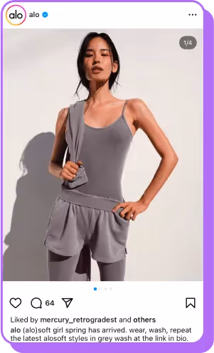 Woman wearing grey athletic set in minimal studio for Alo Instagram post.