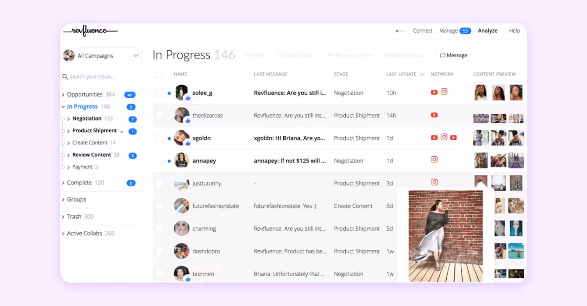 Influencer campaign dashboard showing progress stages, messages, and content previews