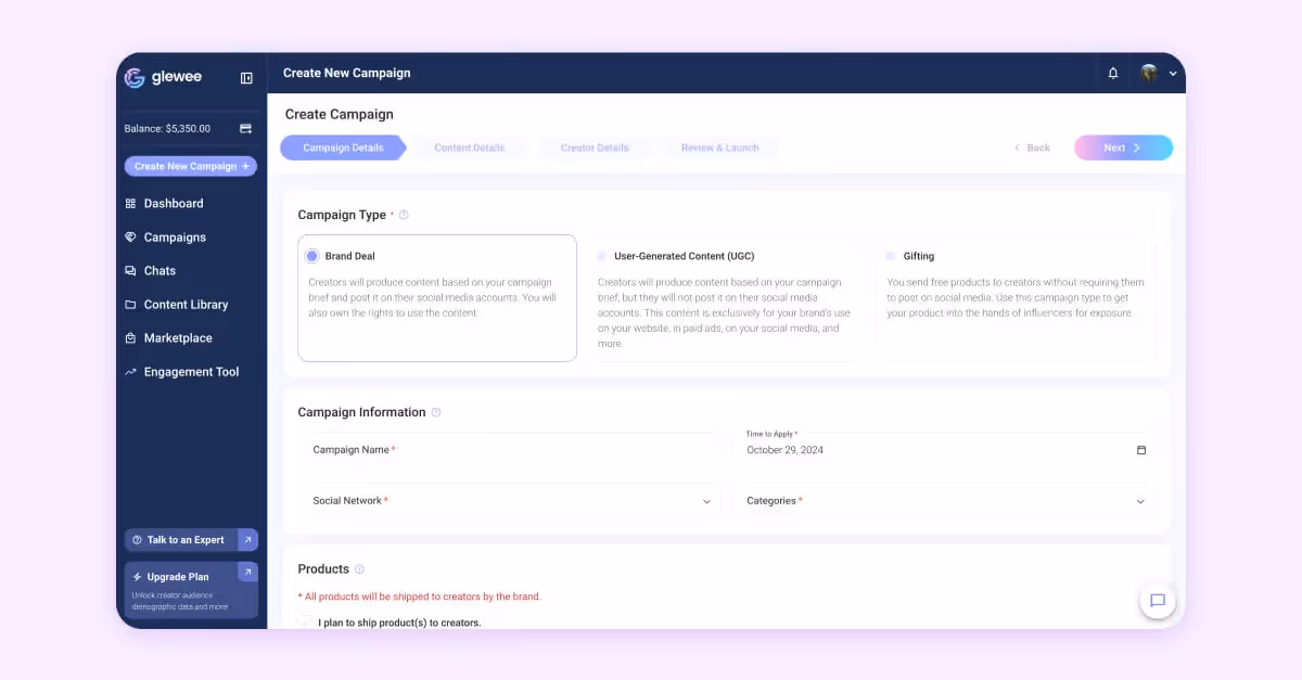 Campaign creation dashboard with options for brand deals, UGC, and gifting