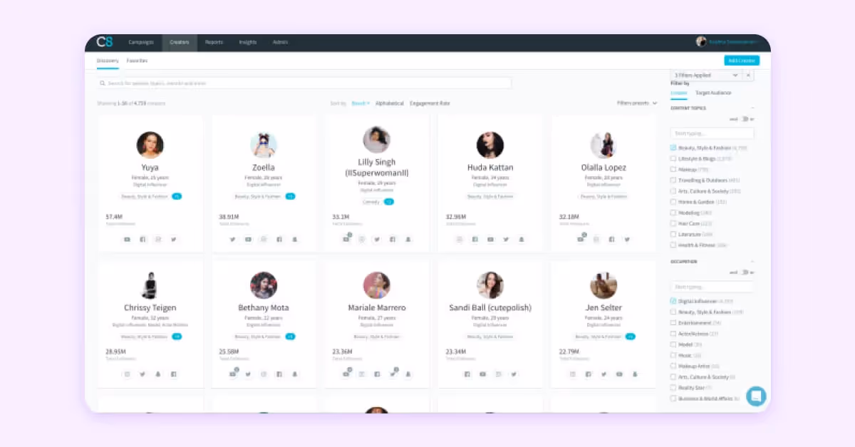 Influencer discovery dashboard showing profiles, stats, and filter options