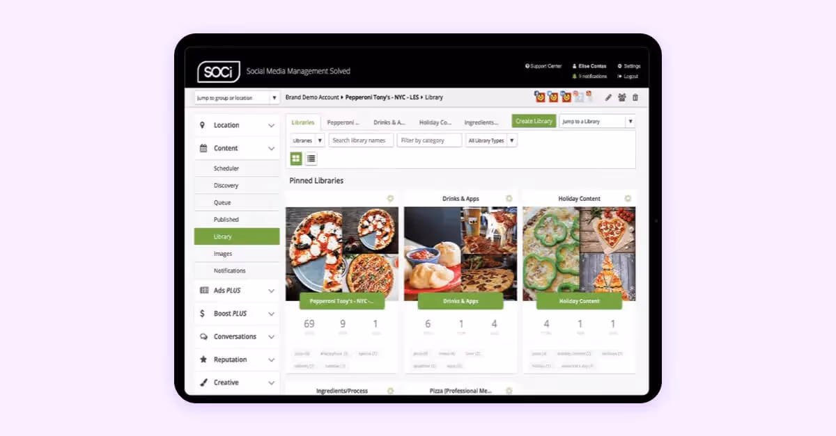 SOCi content library interface displaying pinned social media image categories.