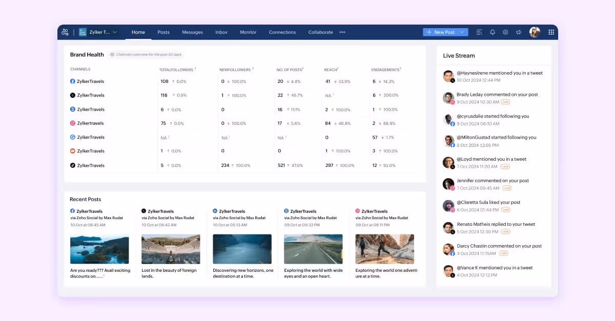 Zoho Social analytics overview with brand health metrics and recent post previews.