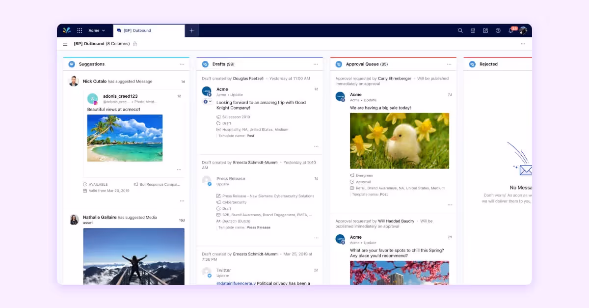 Sprinklr content pipeline showing drafts, approvals, and rejected social posts.