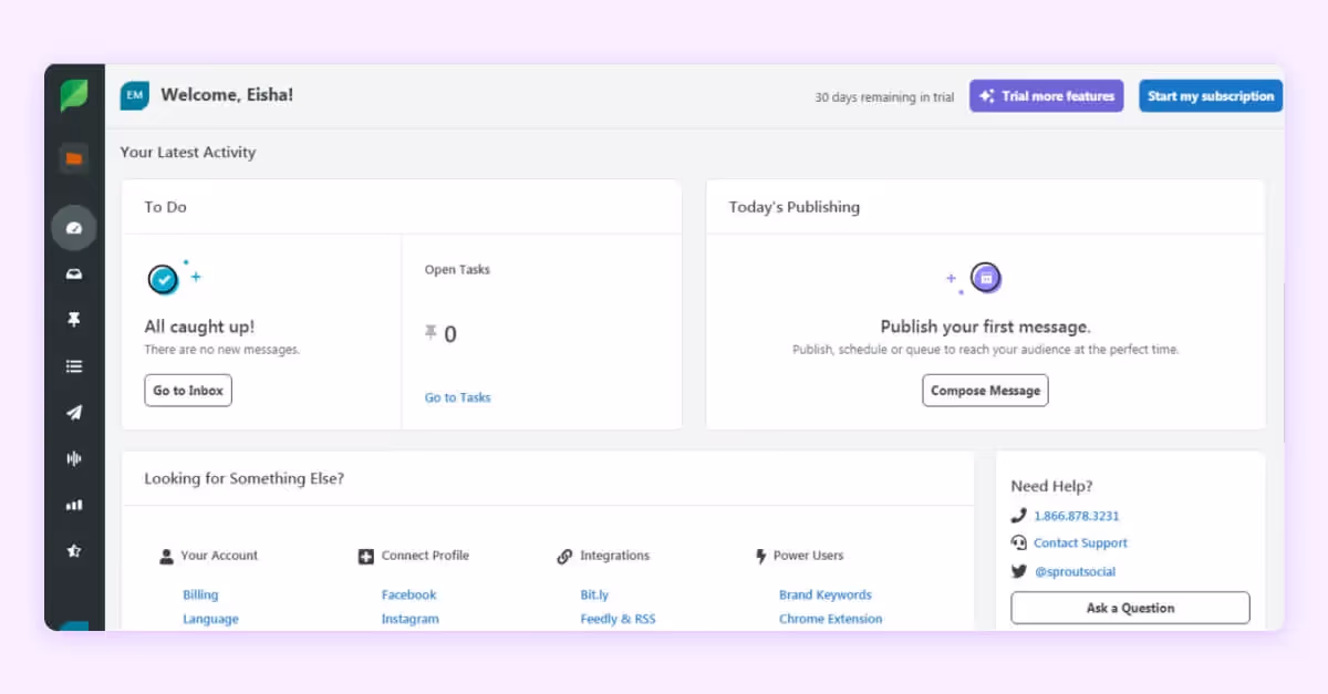 Sprout Social publishing dashboard with to-do tasks and compose message prompt.