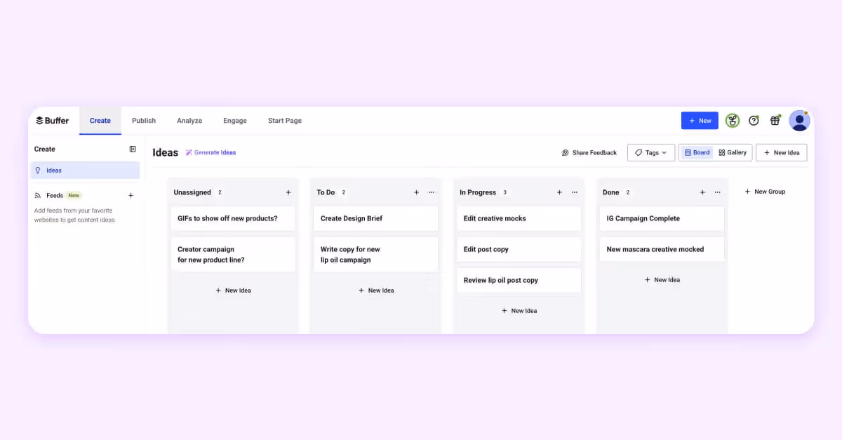 Buffer content planning board showing campaign ideas in task columns.