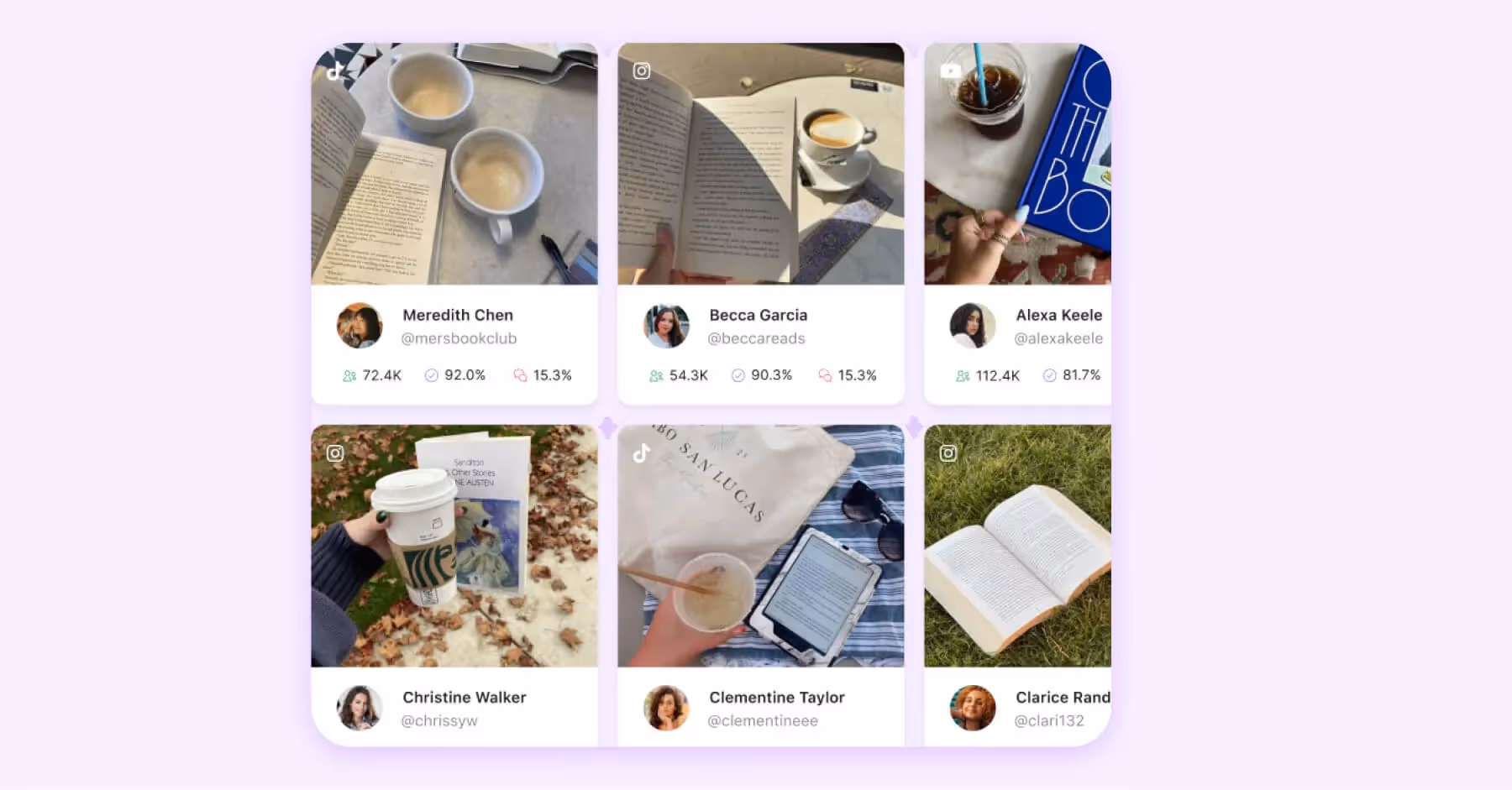 Book-themed creator profiles with engagement stats shown in a Dash Social interface