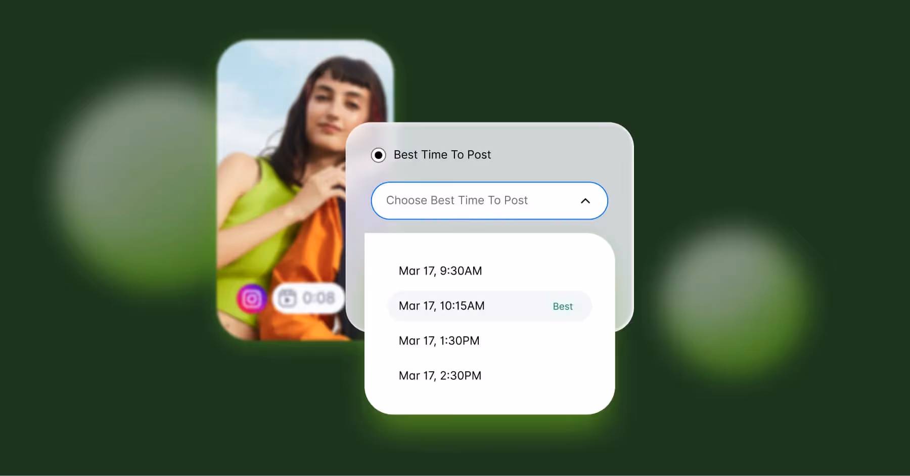 Instagram scheduling tool showing best time to post on Instagram with Dash Social UI overlay