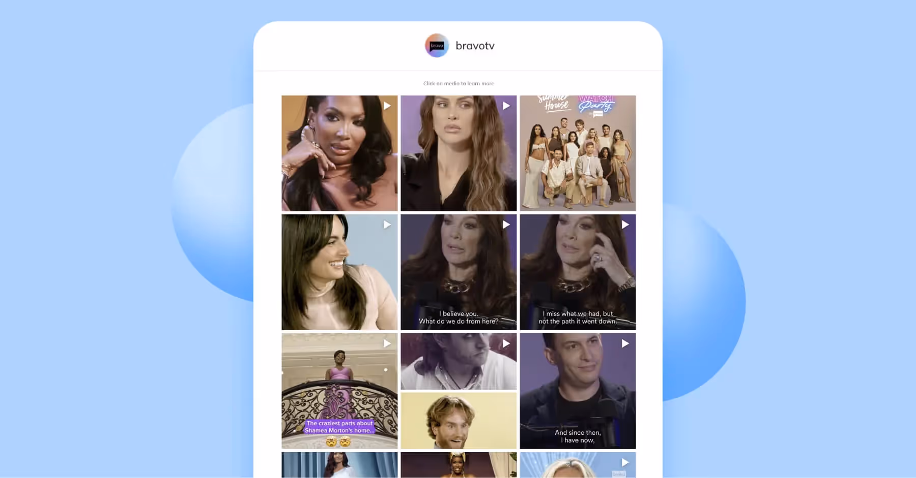 Dash Social showcase of BravoTV profile with video thumbnails and cast interviews.