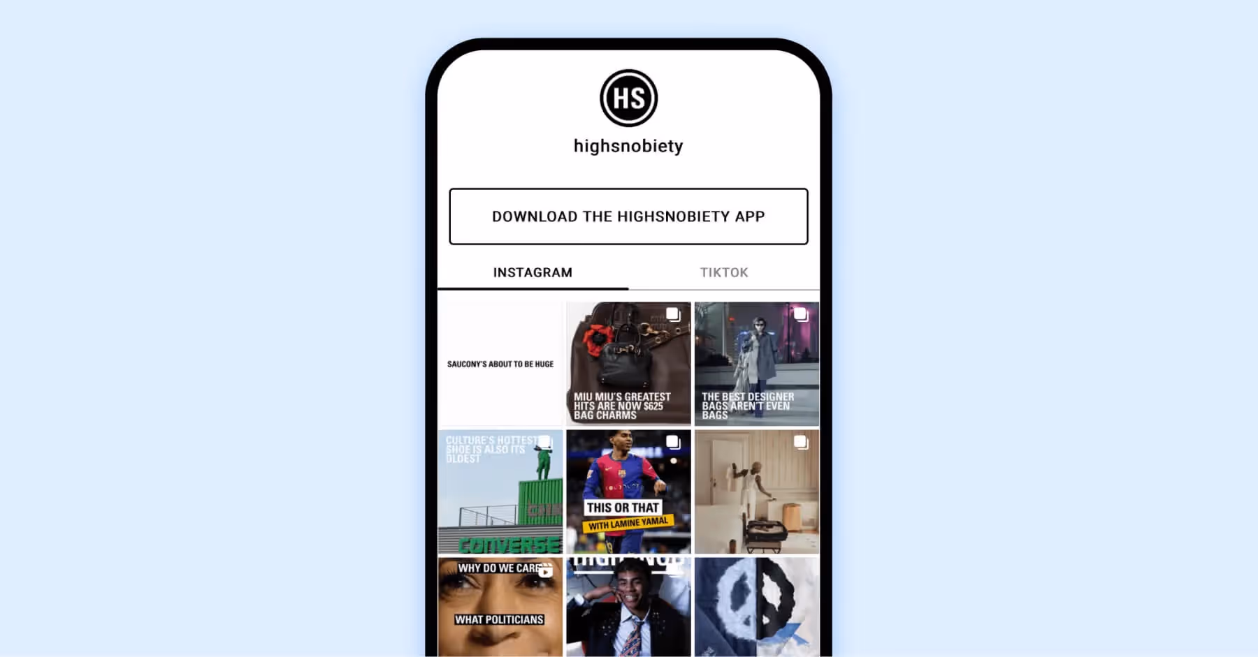 Highsnobiety mobile landing with Instagram and TikTok feed and app download link.